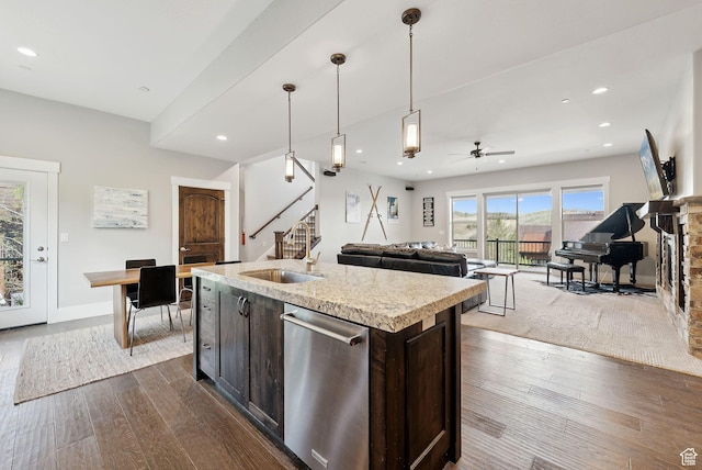 1757 E Longview Dr Unit 87, Hideout, UT 84036 - kitchen with a sink, dishwasher, dark wood finished floors, dark brown cabinetry, and recessed lighting