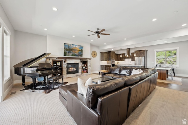 1757 E Longview Dr Unit 87, Hideout, UT 84036 - living area with ceiling fan, recessed lighting, baseboards, and a stone fireplace