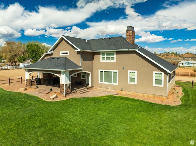 1471 N 3500 E, Ballard, UT 84066 - rear view of property with a chimney, stucco siding, a shingled roof, a patio, and stone siding