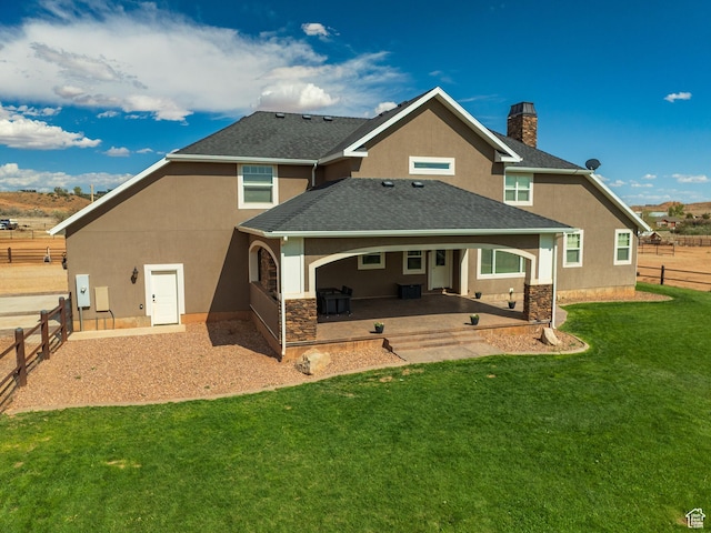 1471 N 3500 E, Ballard, UT 84066 - back of house featuring stucco siding, a patio, a chimney, roof with shingles, and stone siding