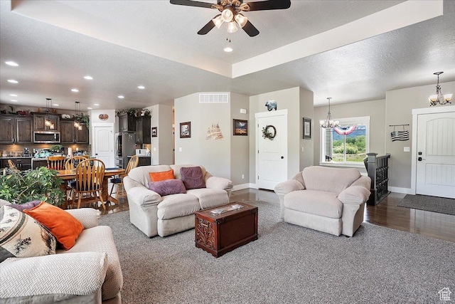 4548 N Sheep Creek Dr, Eden, UT 84310 - living area featuring a chandelier, baseboards, ceiling fan, recessed lighting, and a textured ceiling