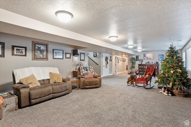 4548 N Sheep Creek Dr, Eden, UT 84310 - carpeted living area with a textured ceiling, stairway, and baseboards