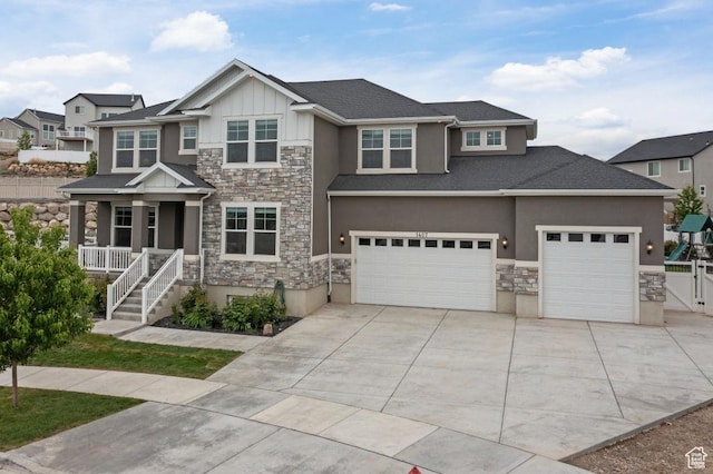 1407 W Fort Rock Dr, Saratoga Springs, UT 84045 - craftsman inspired home featuring stone siding, concrete driveway, a porch, and stucco siding