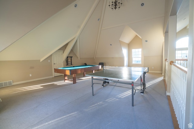 509 N Belmont Pl E Unit 171, Provo, UT 84606 - rec room featuring carpet floors, lofted ceiling, baseboards, and pool table