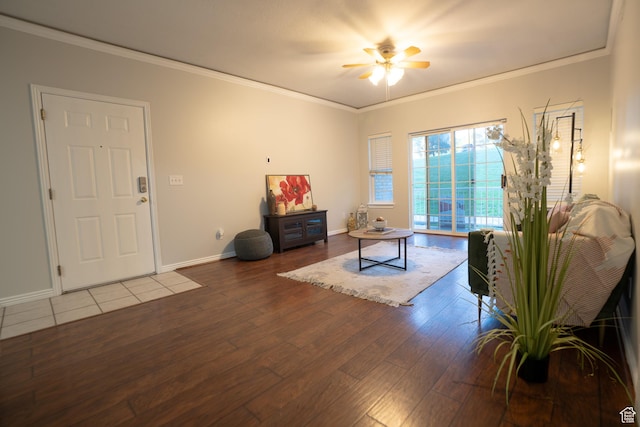 509 N Belmont Pl E Unit 171, Provo, UT 84606 - living area featuring wood finished floors, baseboards, ornamental molding, and ceiling fan