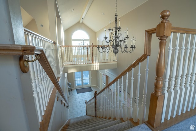 509 N Belmont Pl E Unit 171, Provo, UT 84606 - staircase featuring a chandelier, high vaulted ceiling, and beamed ceiling