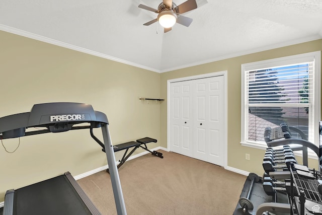 6782 S Courtland Ave, Cottonwood Heights, UT 84121 - workout area featuring a ceiling fan, carpet flooring, baseboards, and ornamental molding