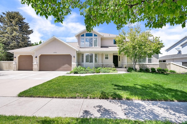 6782 S Courtland Ave, Cottonwood Heights, UT 84121 - view of front facade with a garage, stucco siding, concrete driveway, and stone siding