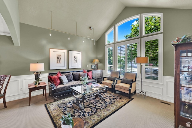 6782 S Courtland Ave, Cottonwood Heights, UT 84121 - living area featuring carpet floors, a decorative wall, a wainscoted wall, and vaulted ceiling