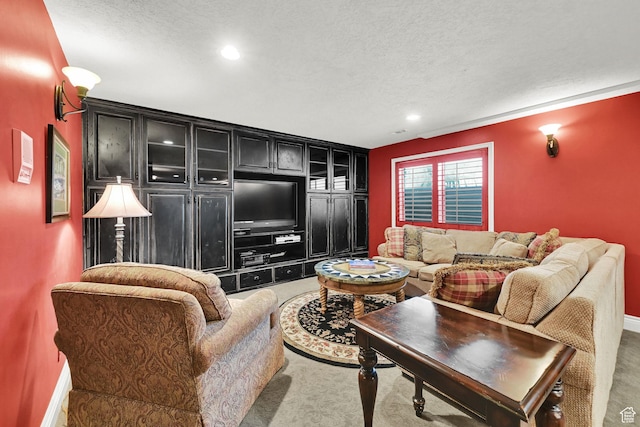 6782 S Courtland Ave, Cottonwood Heights, UT 84121 - living room featuring a textured ceiling, light colored carpet, recessed lighting, and baseboards