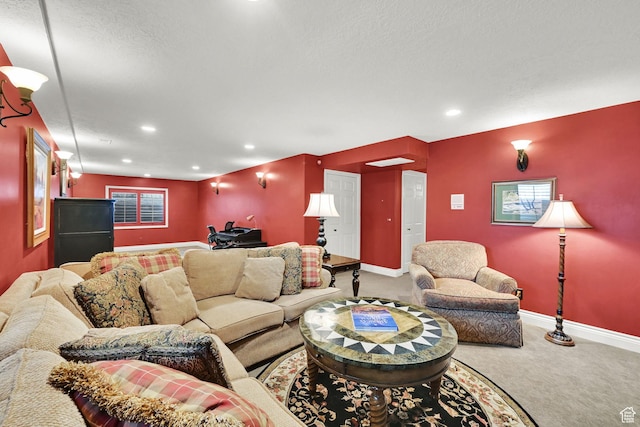 6782 S Courtland Ave, Cottonwood Heights, UT 84121 - living room with carpet flooring, baseboards, recessed lighting, and a textured ceiling