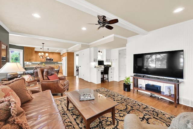 6782 S Courtland Ave, Cottonwood Heights, UT 84121 - living room with a chandelier, ornamental molding, light wood-style flooring, ceiling fan, and recessed lighting