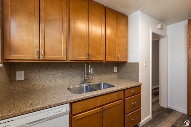 1006 E 300 N, Provo, UT 84606 - kitchen featuring a sink, white dishwasher, baseboards, dark wood-style flooring, and decorative backsplash