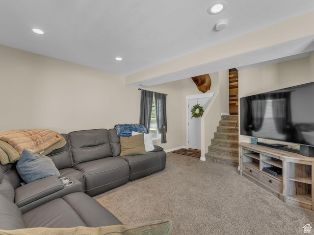 5472 Ardennes Way, Stansbury Park, UT 84074 - living area with carpet flooring, recessed lighting, stairway, and baseboards