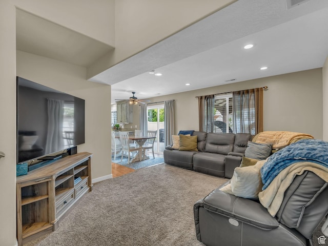 5472 Ardennes Way, Stansbury Park, UT 84074 - living room featuring carpet floors, recessed lighting, baseboards, and ceiling fan
