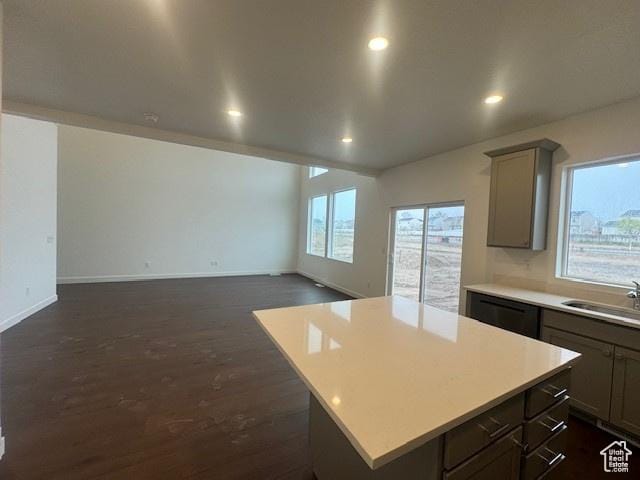 436 W Sapphire Dr Unit 7013, Tooele, UT 84074 - kitchen featuring a sink, dark wood-type flooring, light countertops, a center island, and black dishwasher