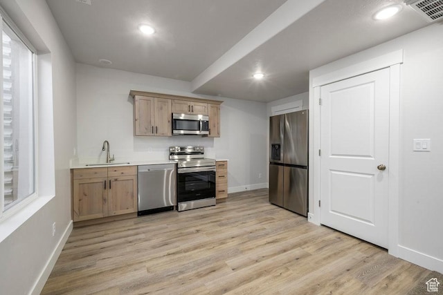 7936 N Bristlecone Rd, Eagle Mountain, UT 84005 - kitchen featuring appliances with stainless steel finishes, a sink, baseboards, light wood-style floors, and recessed lighting