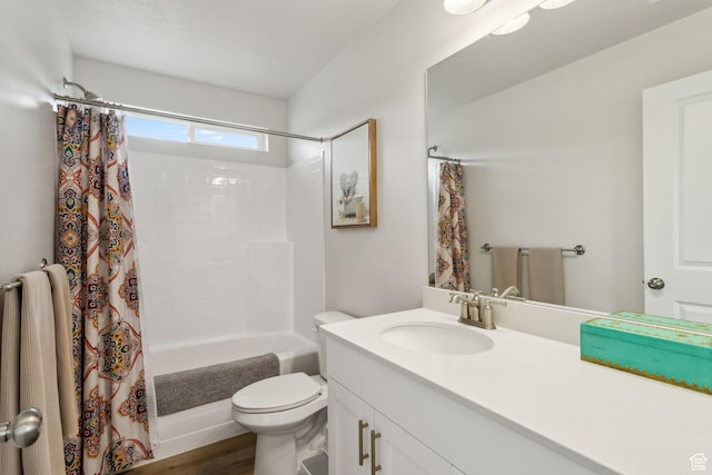 7936 N Bristlecone Rd, Eagle Mountain, UT 84005 - full bath featuring vanity, toilet, shower / bathtub combination with curtain, and wood finished floors