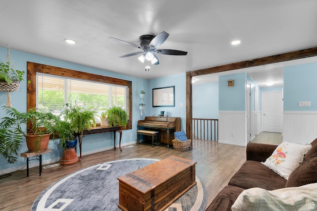 165 N 800 E, American Fork, UT 84003 - living room with wood finished floors, a ceiling fan, a wainscoted wall, and recessed lighting