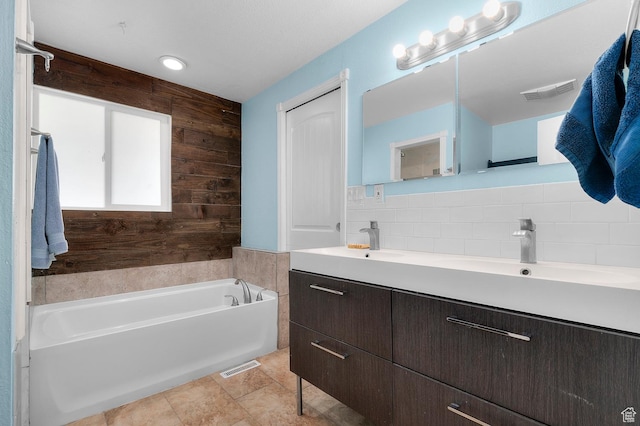 165 N 800 E, American Fork, UT 84003 - full bathroom featuring double vanity, a garden tub, wooden walls, and decorative backsplash