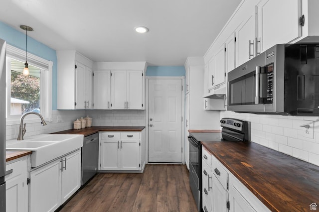 165 N 800 E, American Fork, UT 84003 - kitchen with wooden counters, stainless steel appliances, a sink, under cabinet range hood, and tasteful backsplash