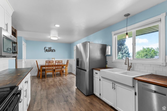 165 N 800 E, American Fork, UT 84003 - kitchen with butcher block countertops, appliances with stainless steel finishes, a sink, backsplash, and dark wood-style floors