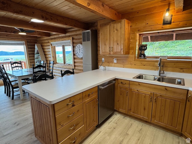 395 Hickock Dr Unit 309, Fish Haven, ID 83287 - kitchen featuring a sink, rustic walls, stainless steel dishwasher, light wood-style floors, and light countertops
