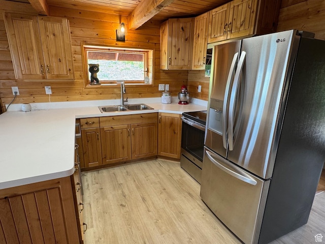 395 Hickock Dr Unit 309, Fish Haven, ID 83287 - kitchen featuring appliances with stainless steel finishes, a sink, light wood-style flooring, wooden walls, and light countertops