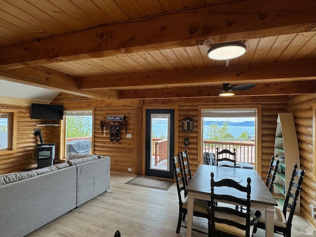395 Hickock Dr Unit 309, Fish Haven, ID 83287 - dining area with a wood stove, log walls, plenty of natural light, wood ceiling with exposed beams, and light wood finished floors