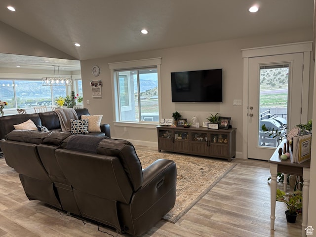 765 E Union St, Manti, UT 84642 - living area featuring recessed lighting, light wood-style flooring, plenty of natural light, a chandelier, and lofted ceiling