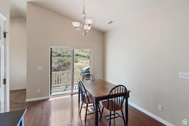 1183 S Canyon Meadow Dr Unit 2, Provo, UT 84606 - dining room featuring dark wood-type flooring, baseboards, a chandelier, and vaulted ceiling