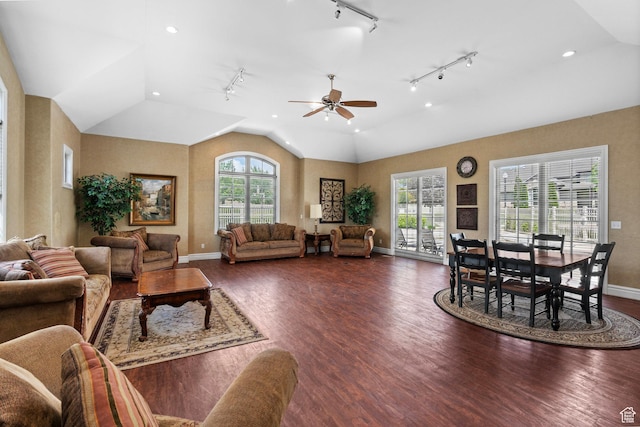 152 S 930 E, American Fork, UT 84003 - living area featuring dark wood finished floors, track lighting, baseboards, and vaulted ceiling