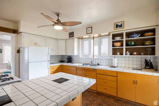 1190 E Sherman Ave S, Salt Lake City, UT 84105 - kitchen with freestanding refrigerator, a sink, tasteful backsplash, and ceiling fan