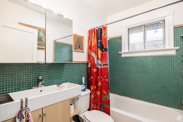 1190 E Sherman Ave S, Salt Lake City, UT 84105 - full bathroom featuring tile walls, toilet, shower / bathtub combination with curtain, and vanity