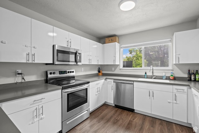 64 W 600 S Unit C205, Springville, UT 84663 - kitchen featuring stainless steel appliances, a sink, a textured ceiling, dark wood finished floors, and white cabinetry