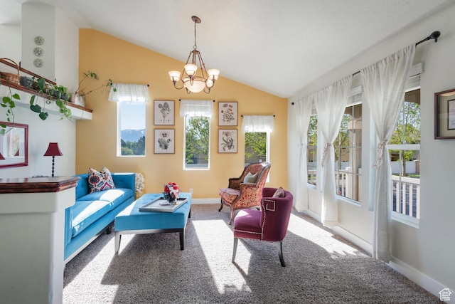 4952 W Buffalo Ct S, Riverton, UT 84096 - living area featuring carpet, vaulted ceiling, a chandelier, and baseboards