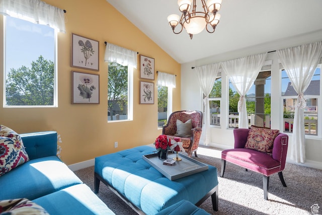 4952 W Buffalo Ct S, Riverton, UT 84096 - living area featuring carpet, vaulted ceiling, a chandelier, and baseboards