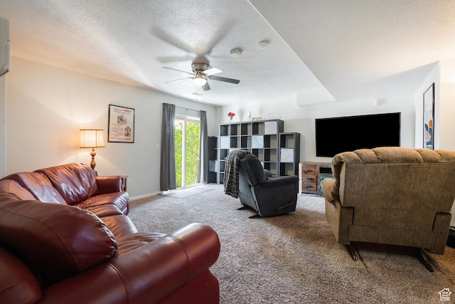 4952 W Buffalo Ct S, Riverton, UT 84096 - living area featuring carpet, a ceiling fan, baseboards, and a textured ceiling
