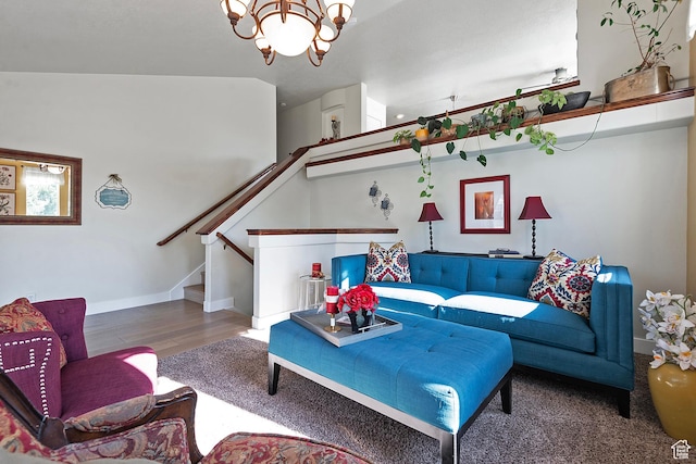 4952 W Buffalo Ct S, Riverton, UT 84096 - living area featuring wood finished floors, a chandelier, baseboards, and stairway