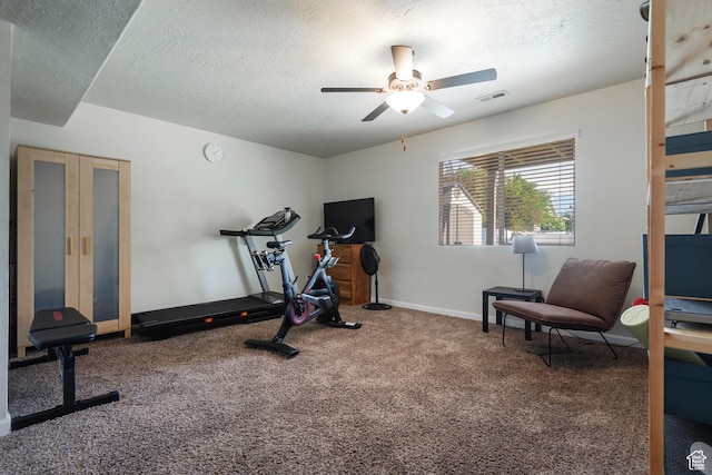 4952 W Buffalo Ct S, Riverton, UT 84096 - exercise room with a textured ceiling, a ceiling fan, carpet, and baseboards
