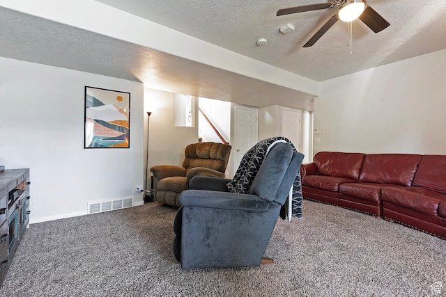 4952 W Buffalo Ct S, Riverton, UT 84096 - carpeted living room featuring a textured ceiling, a ceiling fan, and baseboards