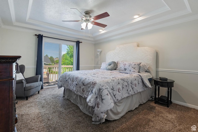 4952 W Buffalo Ct S, Riverton, UT 84096 - bedroom featuring a tray ceiling, carpet, crown molding, access to outside, and a ceiling fan