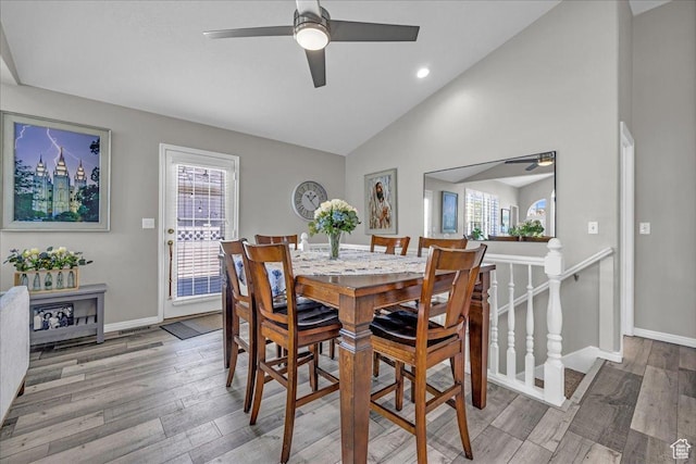 519 W 40 N, Orem, UT 84057 - dining space with a ceiling fan, wood finished floors, baseboards, high vaulted ceiling, and recessed lighting