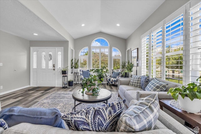 519 W 40 N, Orem, UT 84057 - living area featuring wood finished floors, lofted ceiling, baseboards, recessed lighting, and a textured ceiling