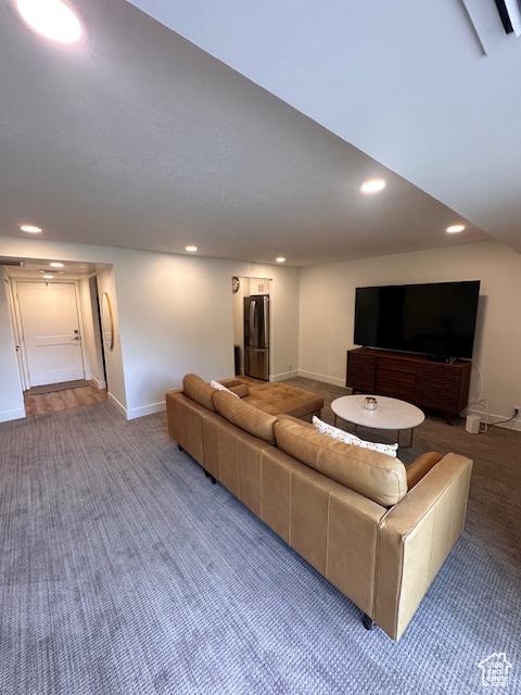 875 S Donner Way E Unit 208, Salt Lake City, UT 84108 - living area featuring baseboards, recessed lighting, and carpet floors