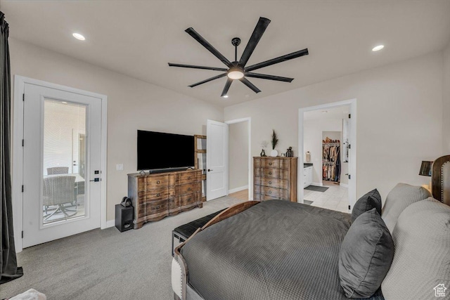 2725 E Ashwood Ln, St George, UT 84790 - bedroom featuring a ceiling fan, recessed lighting, light carpet, baseboards, and access to outside