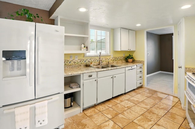 2226 W 1000 N, Tremonton, UT 84337 - kitchen with white appliances, open shelves, a sink, white cabinetry, and recessed lighting