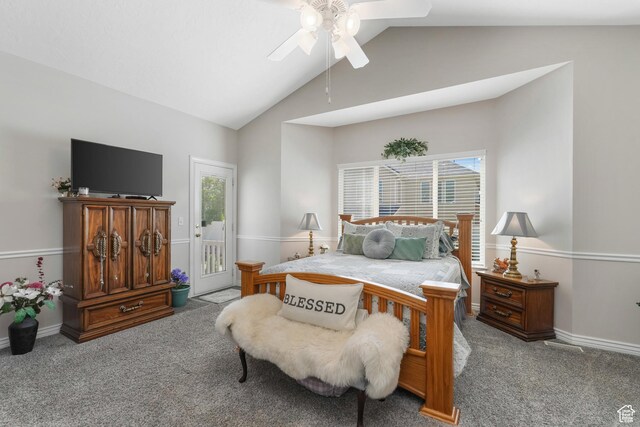 1169 W Bateman Dr, West Jordan, UT 84084 - bedroom featuring carpet floors, a ceiling fan, access to exterior, high vaulted ceiling, and baseboards