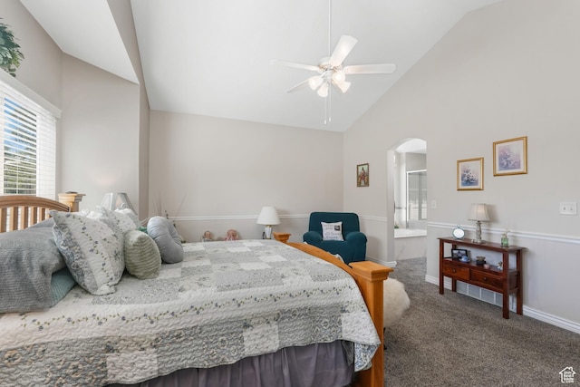 1169 W Bateman Dr, West Jordan, UT 84084 - bedroom with arched walkways, carpet flooring, high vaulted ceiling, baseboards, and ensuite bathroom