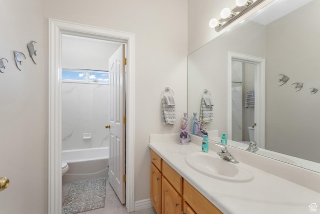 1169 W Bateman Dr, West Jordan, UT 84084 - bathroom with toilet, vanity, tile patterned floors, and bathtub / shower combination